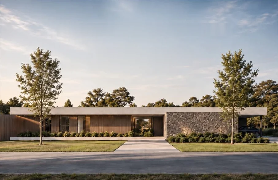 A long, low modern home with timber cladding and a river-stone feature wall